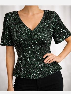 NWT Nanette Lepore Green Sequin V-Neck Peplum Top Women's Medium Party Cocktail